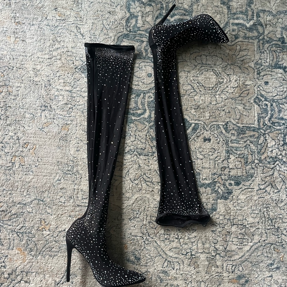 Thigh high rhinestone mesh heels